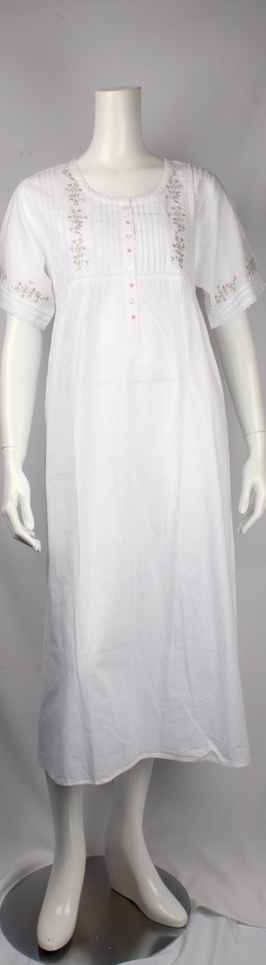 Cotton short sleeve full length nightie. pleated yoke with embroidered floral and lace trim  Style: AL/ND-253WHT image 0